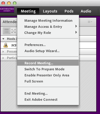 Adobe Connect Meeting toolbar with Meeting option selected.