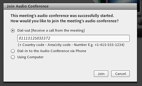 Join Audio Conference pop-up window.