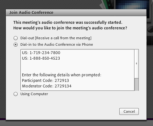 Join Audio Conference pop-up window with conference dial-in numbers listed.