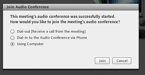 Join Audio Conference pop-up with Using Computer option selected.