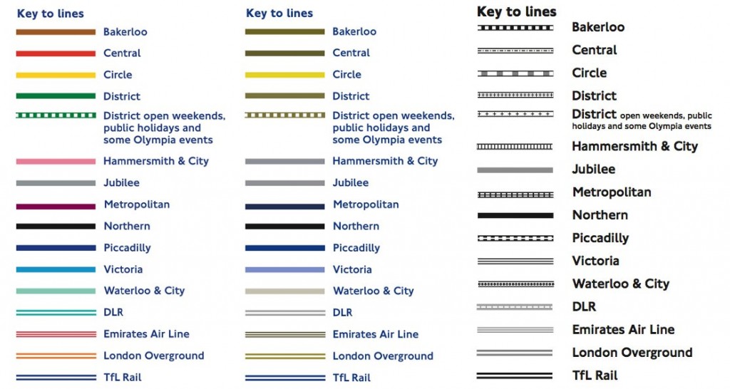 London Tube Map in full color, colorblind demonstration, and black and white.