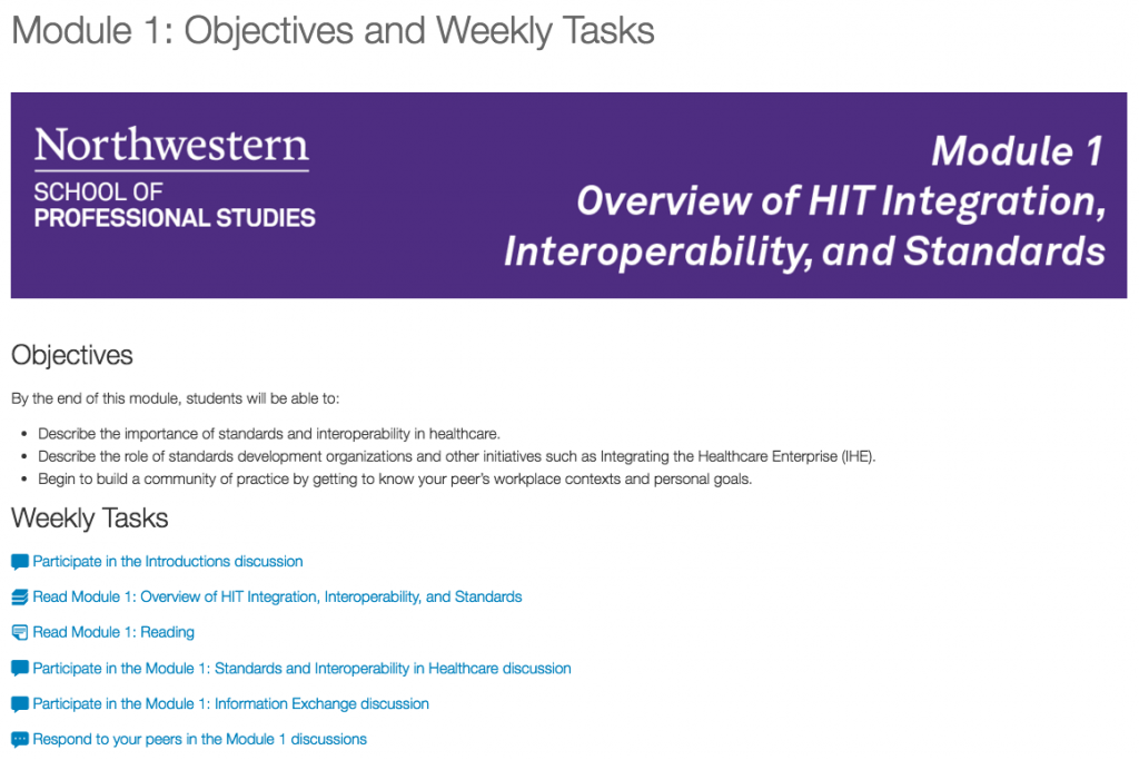 Course objectives and weekly task list, including icons for each task.